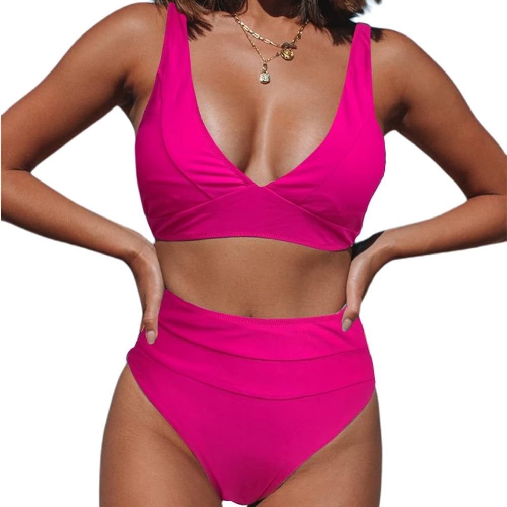 Hilinker Women's Bikini Swimsuits V Neck High Waisted 2 Piece Bathing Suit